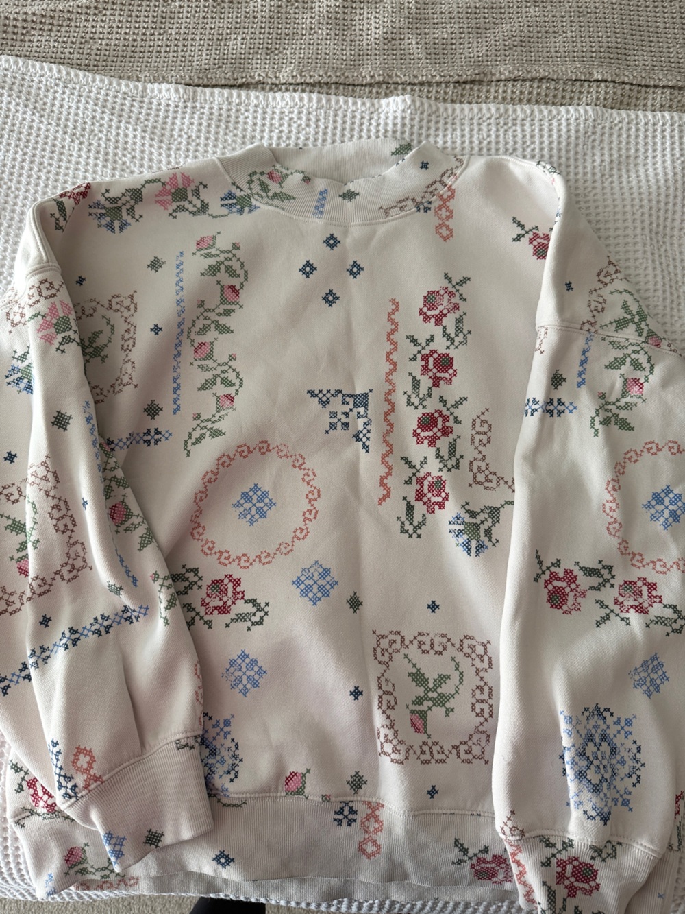 Abercrombie & Fitch Cream Floral Cross-Stitch Turtleneck Sweater